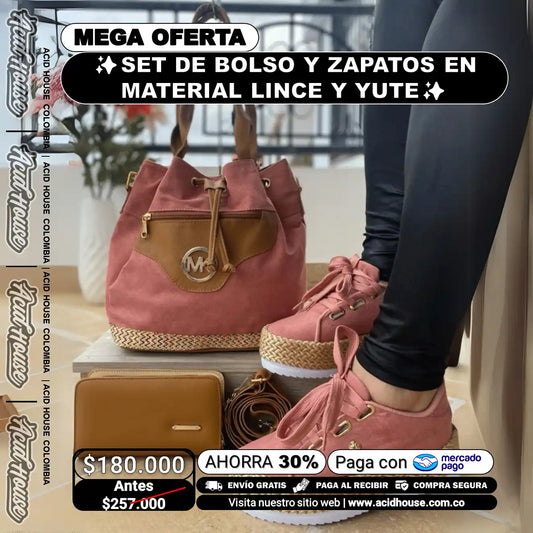 ✨SET DE BOLSO Y ZAPATOS EN MATERIAL LINCE CON ACABADOS EN YUTE✨