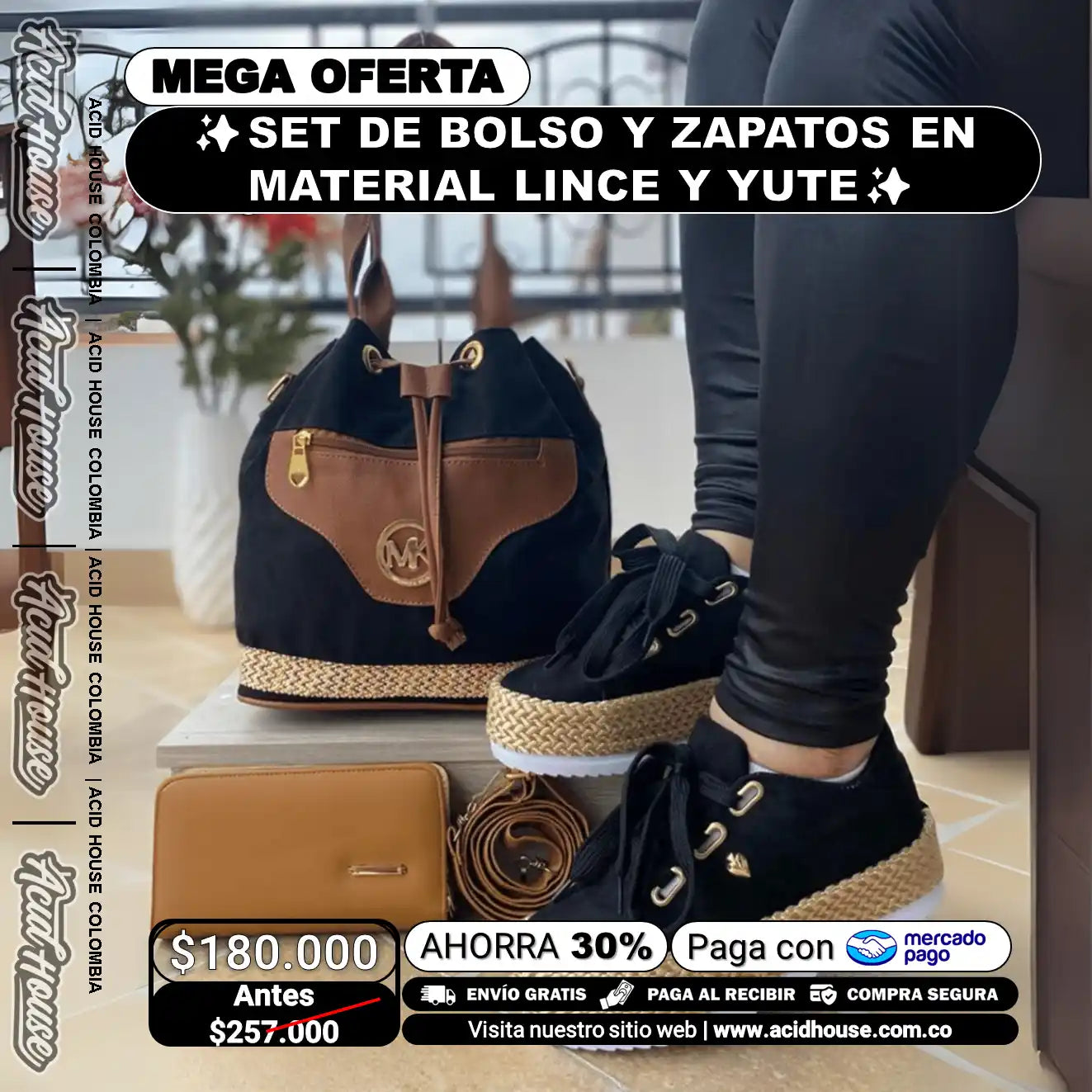 ✨SET DE BOLSO Y ZAPATOS EN MATERIAL LINCE CON ACABADOS EN YUTE✨