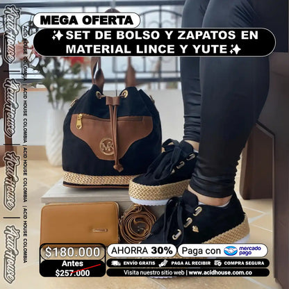 ✨SET DE BOLSO Y ZAPATOS EN MATERIAL LINCE CON ACABADOS EN YUTE✨