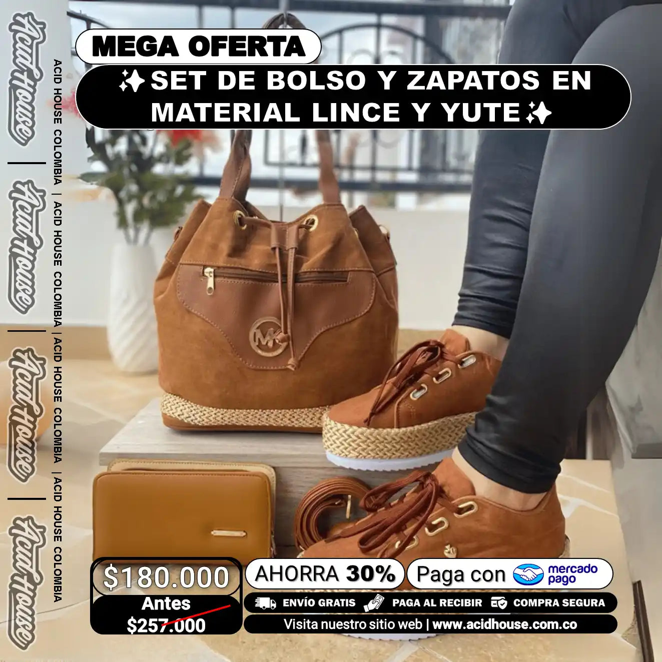 ✨SET DE BOLSO Y ZAPATOS EN MATERIAL LINCE CON ACABADOS EN YUTE✨