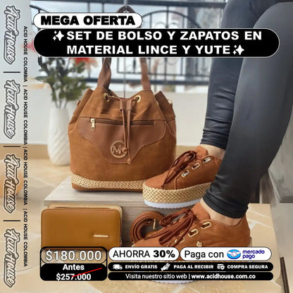✨SET DE BOLSO Y ZAPATOS EN MATERIAL LINCE CON ACABADOS EN YUTE✨