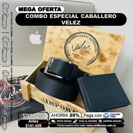 Combo Especial Caballero Vélez – Estuche de Madera, Correa y Billetera 100% Cuero | Acid House Colombia