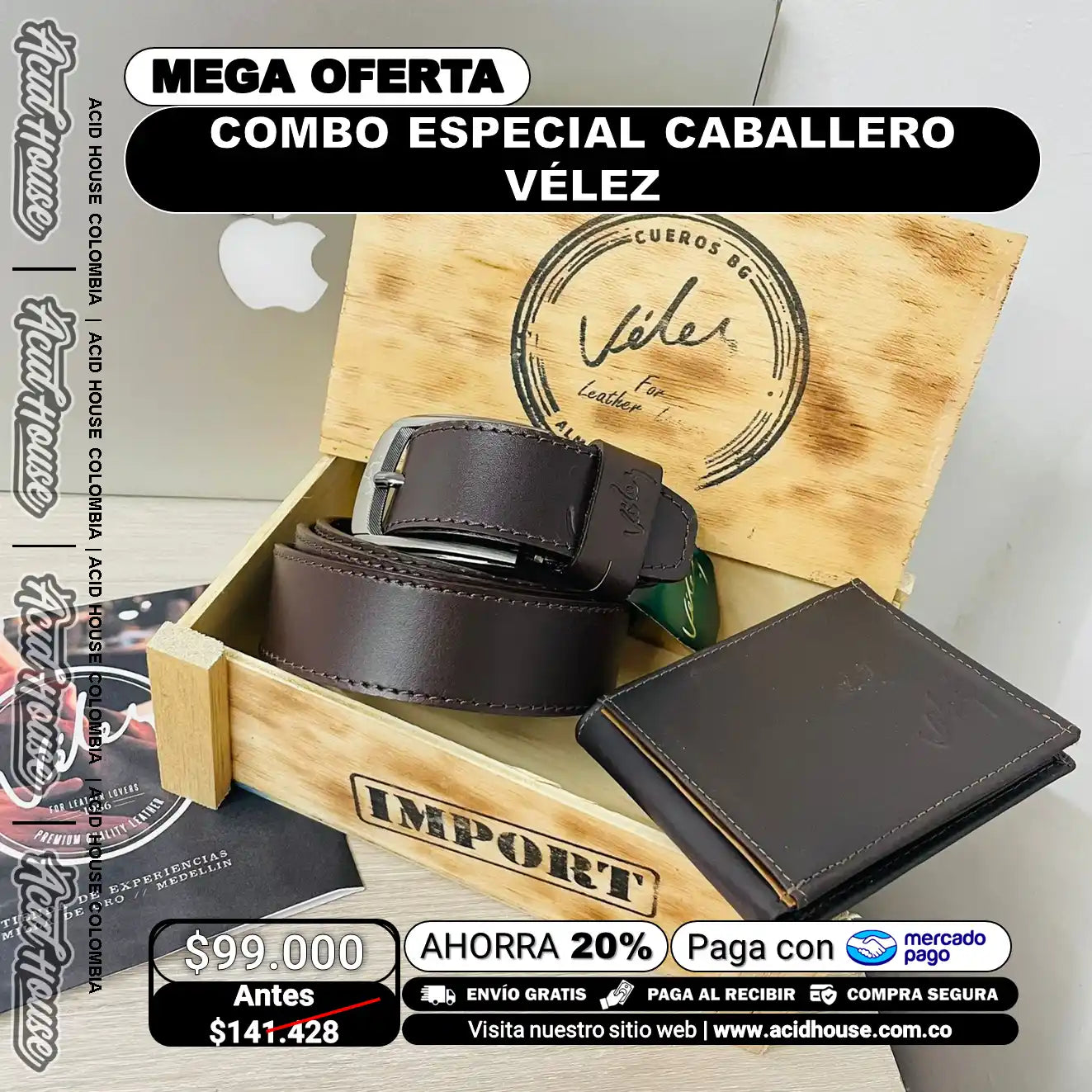 Combo Especial Caballero Vélez – Estuche de Madera, Correa y Billetera 100% Cuero | Acid House Colombia