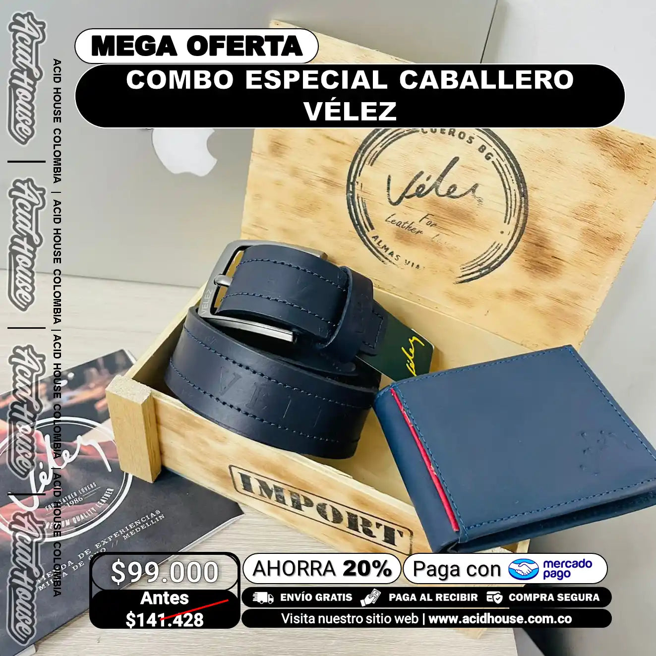 Combo Especial Caballero Vélez – Estuche de Madera, Correa y Billetera 100% Cuero | Acid House Colombia