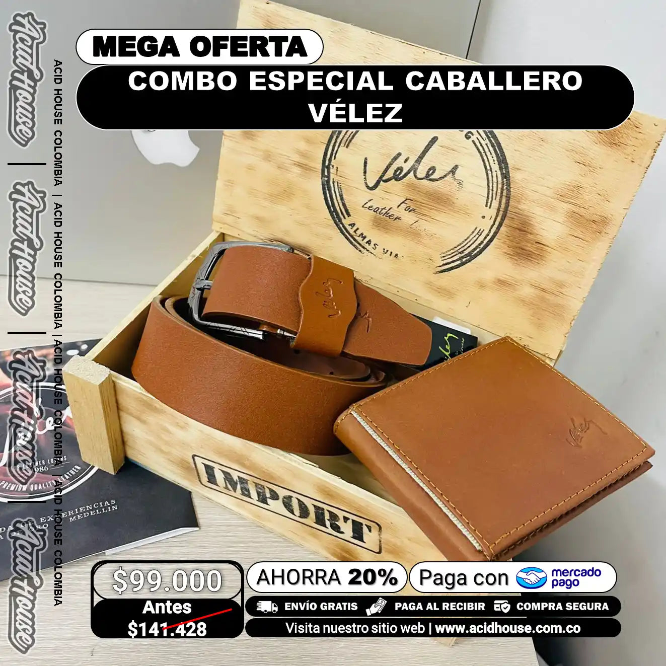 Combo Especial Caballero Vélez – Estuche de Madera, Correa y Billetera 100% Cuero | Acid House Colombia